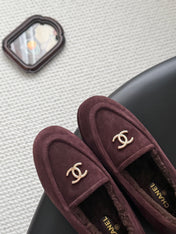 CHANEL 26S LOAFERS IN DARK BURGUNDY SUEDE AND SHEARLING LINING