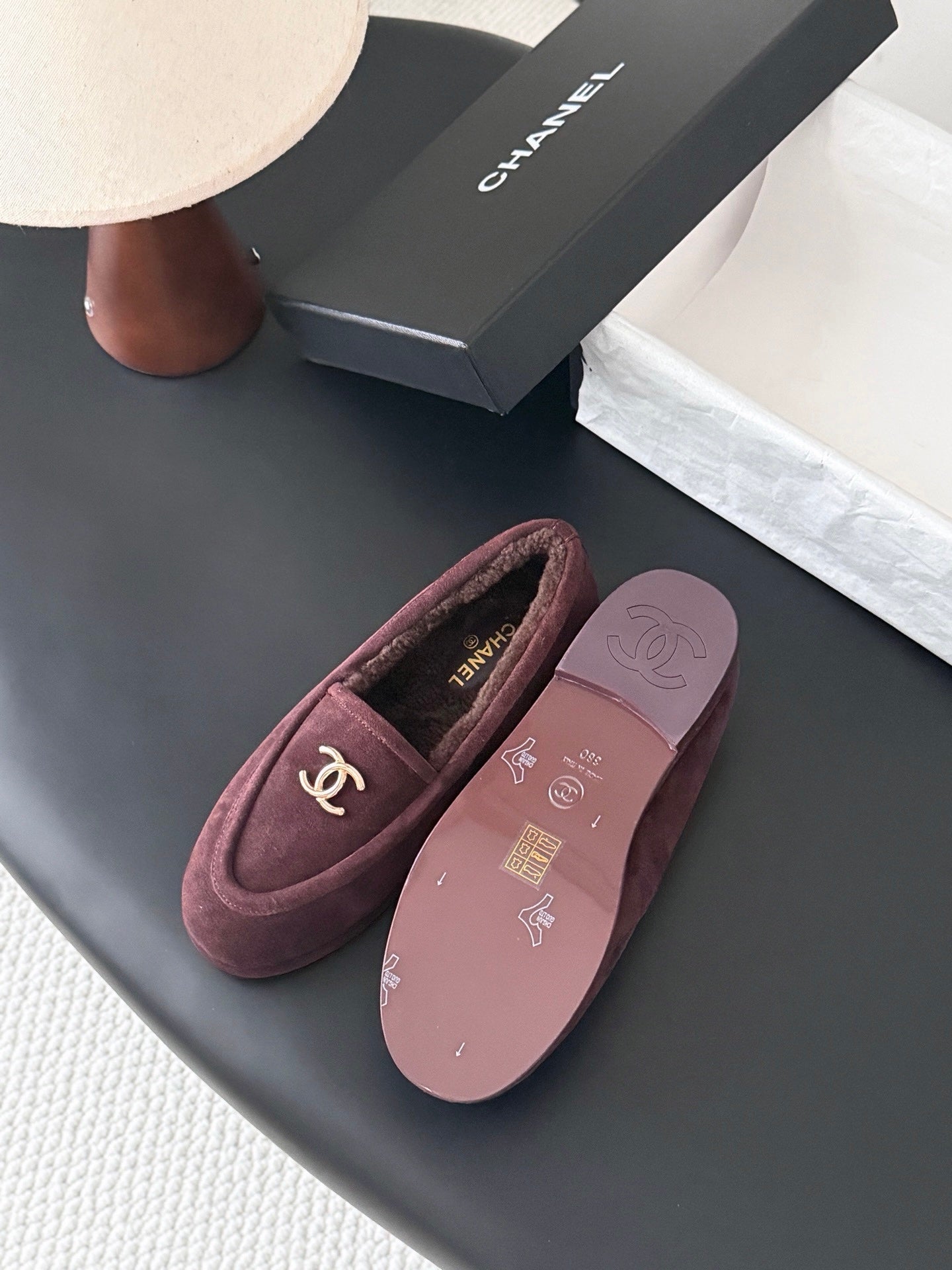 CHANEL 26S LOAFERS IN DARK BURGUNDY SUEDE AND SHEARLING LINING