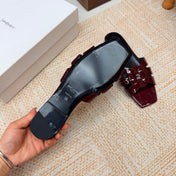 YSL 26S FLAT MULE SANDALS IN BURGUNDY PATENT LEATHER