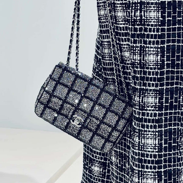 CHANEL 26S CLASSIC FLAP BAG 20 IN BLACK AND SILVER CRYSTAL