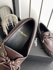 YSL 26S LACE UP LOAFERS IN DARK BROWN CALFSKIN ROUND TOE