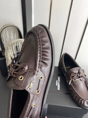 YSL 26S LACE UP LOAFERS IN DARK BROWN CALFSKIN ROUND TOE