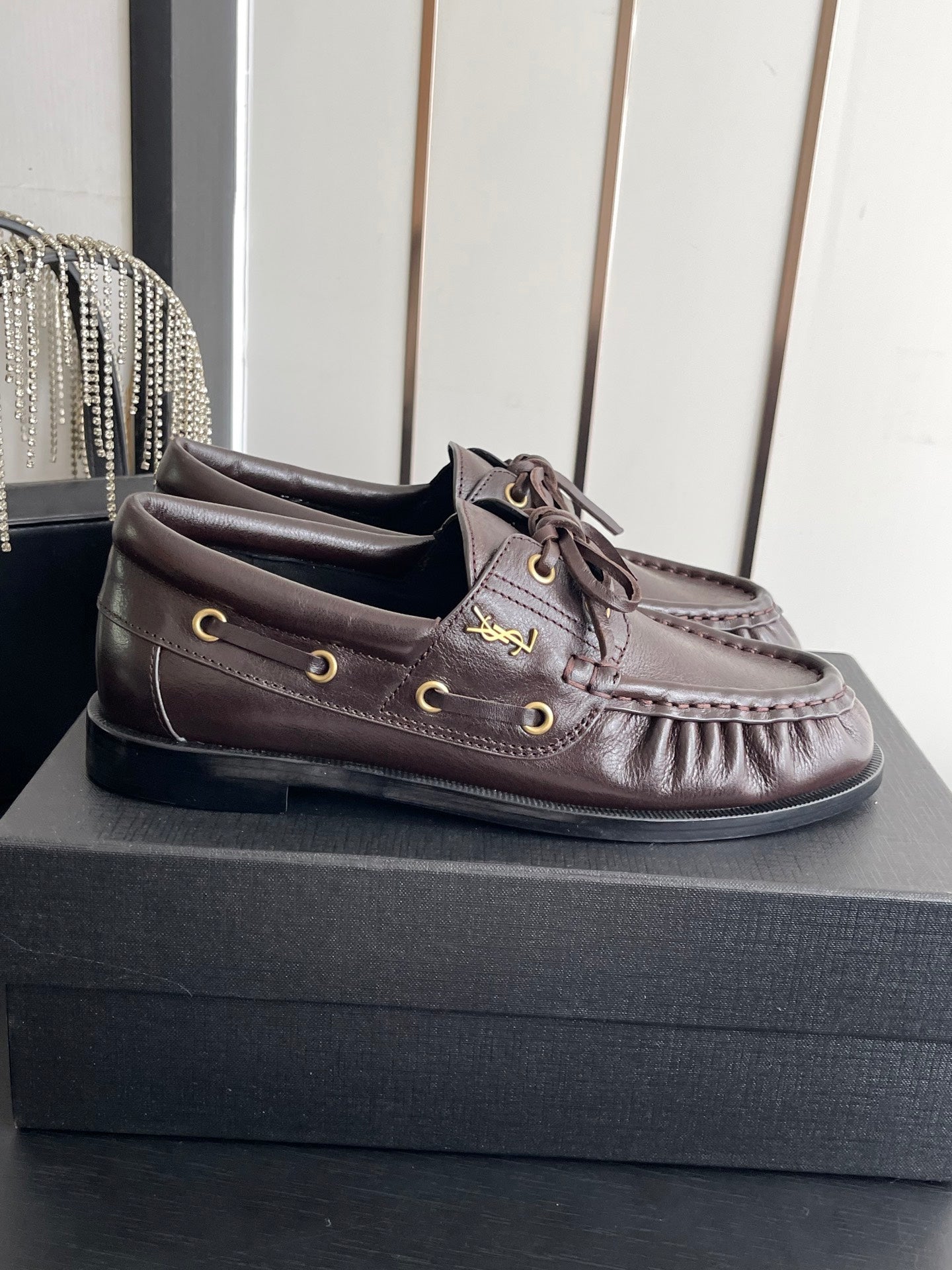 YSL 26S LACE UP LOAFERS IN DARK BROWN CALFSKIN ROUND TOE