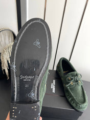 YSL 26S LACE UP LOAFERS IN SAGE GREEN SUEDE ROUND TOE