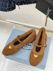 PRADA 25S MARY JANE FLATS IN BROWN SUEDE WITH GOLD HARDWARE
