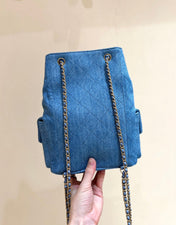 DRAWSTRING BUCKET BACKPACK 24 IN MALIBU BLUE DENIM GOLD HARDWARE