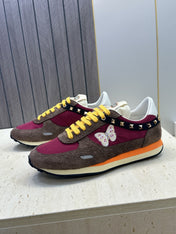 VALENTINO 26S BUTTERFLY EMBROIDERED SNEAKERS IN BROWN SUEDE & RED FABRIC