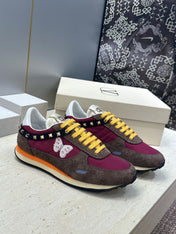 VALENTINO 26S BUTTERFLY EMBROIDERED SNEAKERS IN BROWN SUEDE & RED FABRIC