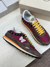 VALENTINO 26S BUTTERFLY EMBROIDERED SNEAKERS IN BROWN SUEDE & RED FABRIC