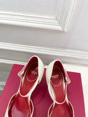 VALENTINO 26S ANKLE-STRA PUMPS 85 MM IN OFF-WHITE AND RED CALFSKIN