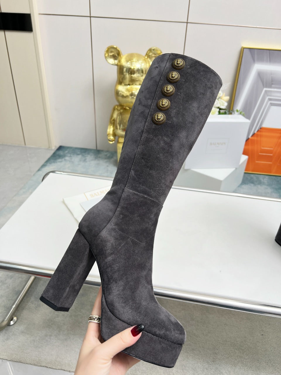 BALMAIN 26S HIGH BOOTS 115 MM IN DARK GREY SUEDE